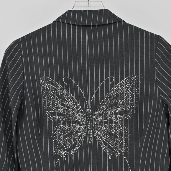 HIPCHIK COUTURE Blazer Womens Sz 8 Gray Pinstripe Rhinestone Butterfly Retro Y2K - Picture 6 of 13